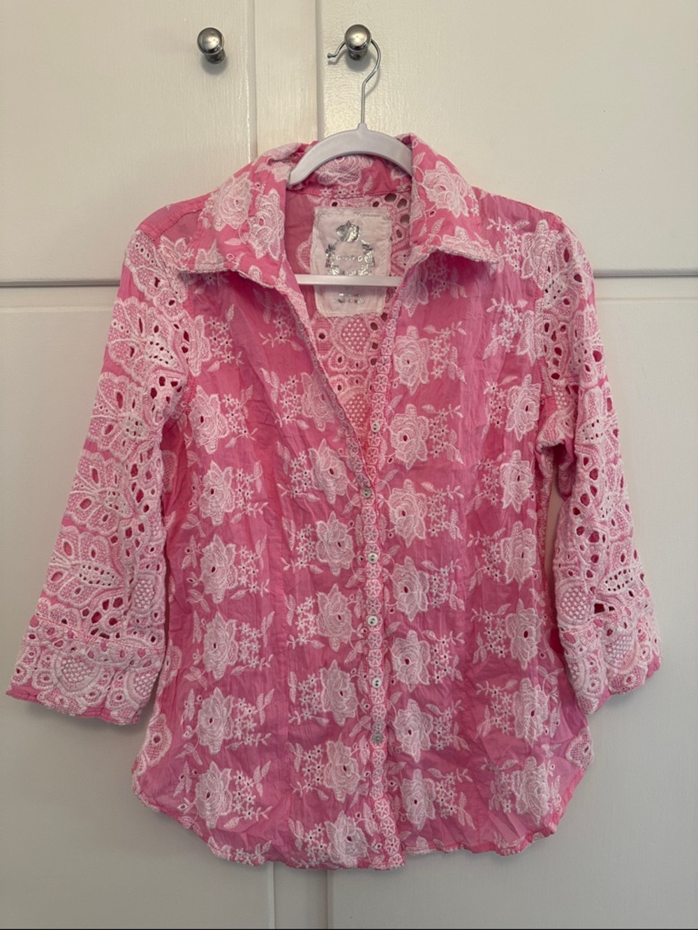 NEW Cino Pink Eyelet Embroidered Button Down Blouse Top